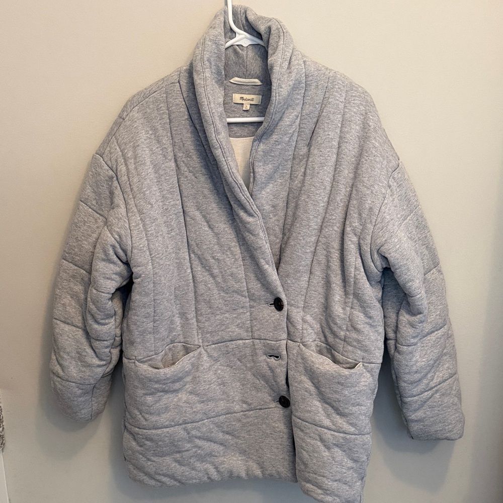 Madewell Heather Grey Sweatshirt Puffer Coat. Shawl-Collar Front Button. Size L - Picture 6 of 8